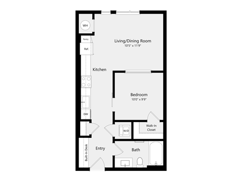 Floor plan for 1 bed, 1 bath, 594 sqft